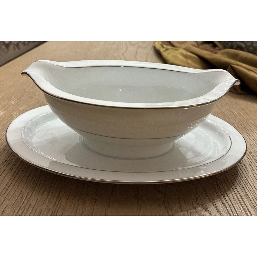 Noritake Whitehall China Gravy Boat w/Attached Underplate Silver Trim 1 PC VTG